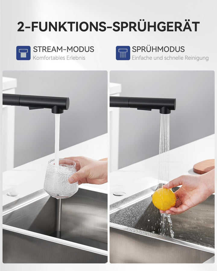 Wasserhahn Küche Schwarz, Hochdruck Küchenarmatur Ausziehbar | Mit Brause Zwei Wasserstrahlarten, 36