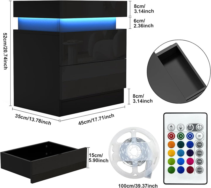 Nachttisch Schwarz mit Led Licht, Nachtschrank, Nachtkommode mit 2 Schubladen und Schränke mit Klapp