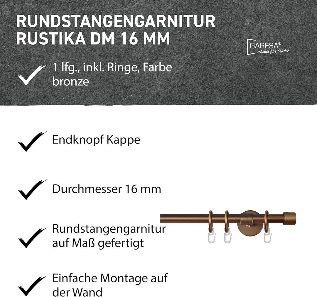 Garesa Gardinenstange Rustika Ø 16mm, 1-läufig, Bronze I Rustikale Vorhangstange aus Metall inkl. Ri