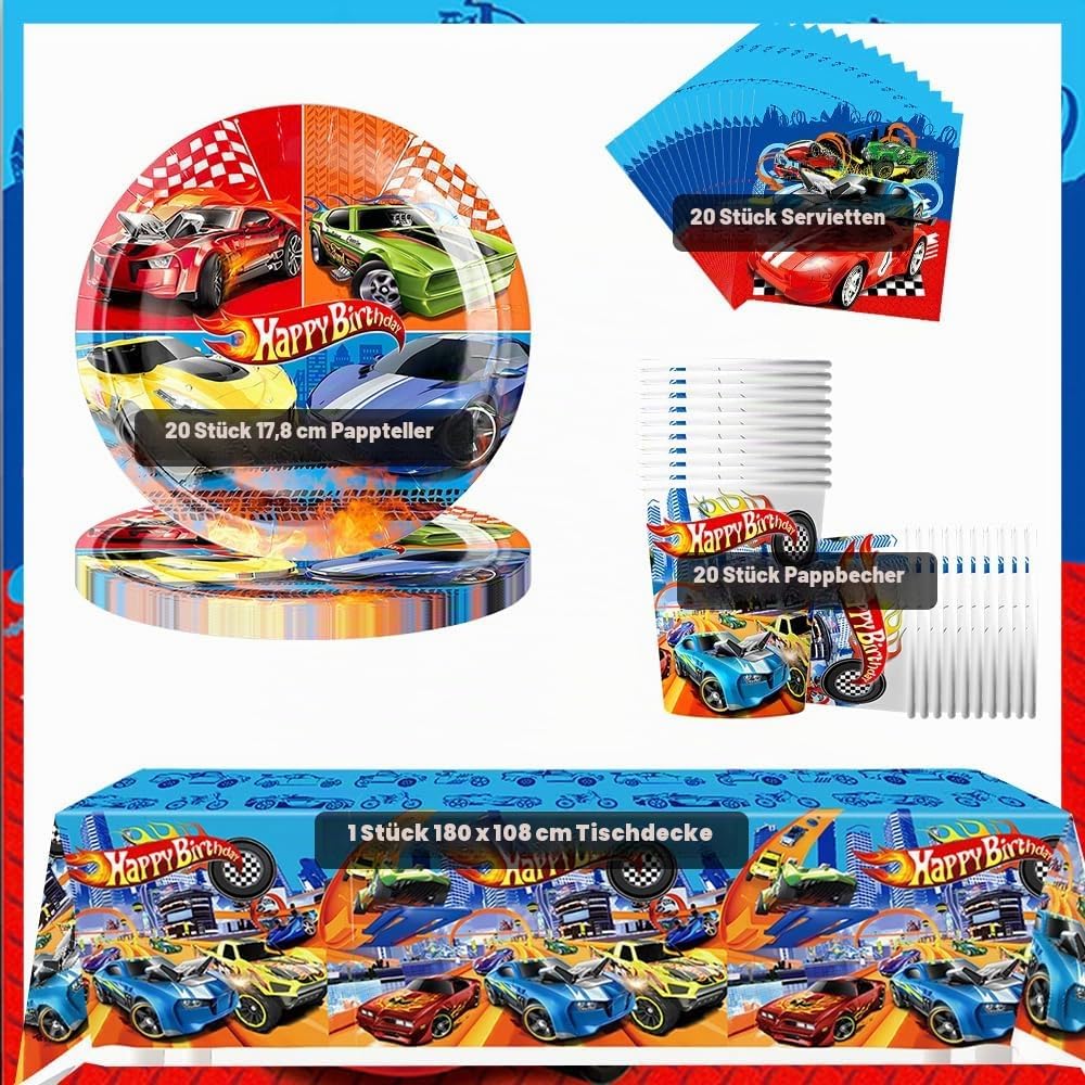 Doyomtoy Racing Car Spiel Auto Theme Partyzubehör Rennauto Geschirrset, Partyzubehör Set für 20 Gäst