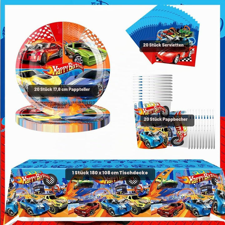 Doyomtoy Racing Car Spiel Auto Theme Partyzubehör Rennauto Geschirrset, Partyzubehör Set für 20 Gäst