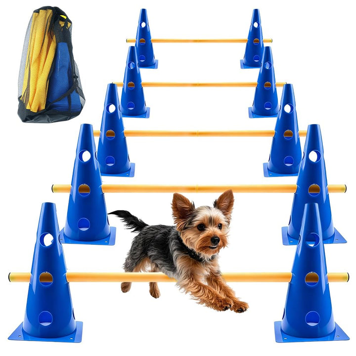 Steckhürden Set für Agility Training, 5 Stück Hindernisse mit 10 Kegel 23cm Höhe und 5 Stangen 80cm