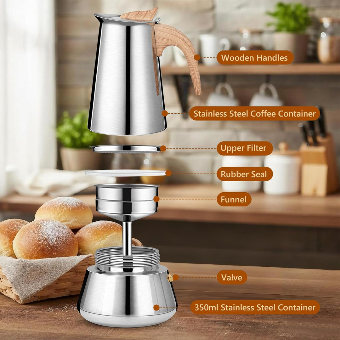 VINATO Edelstahl Espressokocher 6 Tassen (350ml) - Induktionsfähiger Moka Pot für alle Herdarten - I