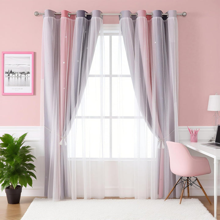 Freyamy Gardinen Rosa Grau Glänzend Sterne Vorhänge Blickdicht Kinderzimmer Halbtransparent H 130 X
