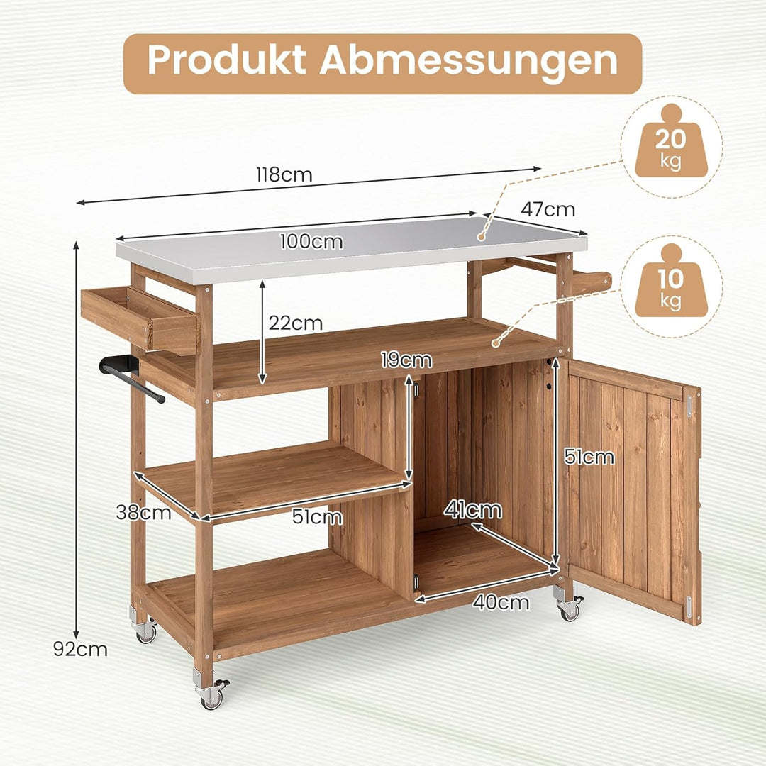COSTWAY Grillwagen Outdoor, Servierwagen auf Rollen, Kücheninsel mit Edelstahl-Arbeitsplatte, Ablage