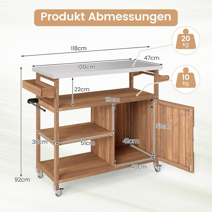 COSTWAY Grillwagen Outdoor, Servierwagen auf Rollen, Kücheninsel mit Edelstahl-Arbeitsplatte, Ablage