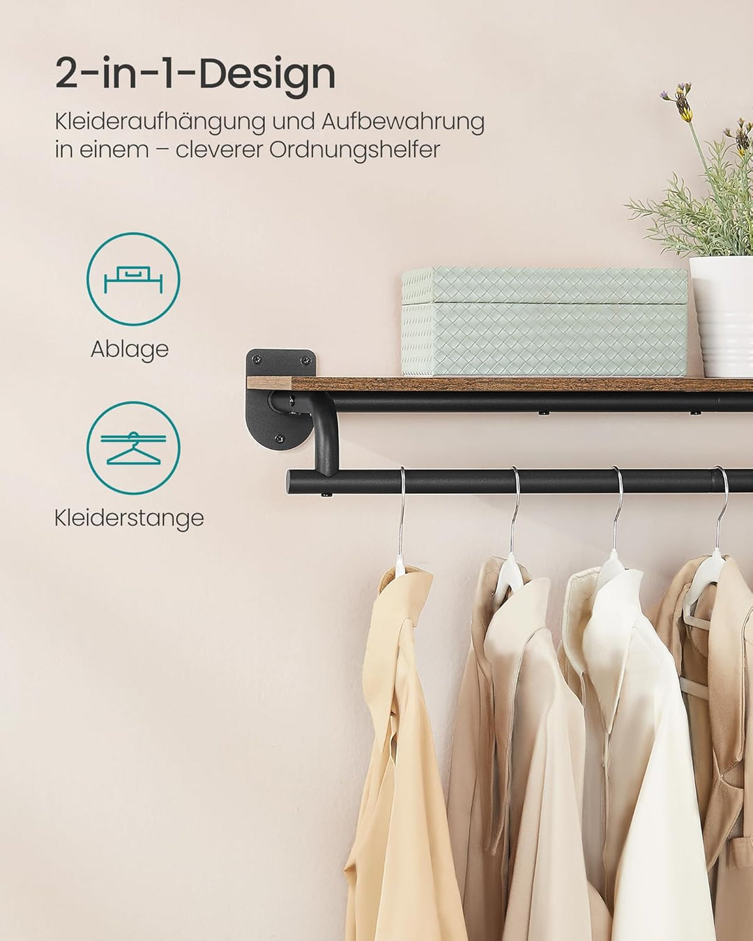 SONGMICS Wandgarderobe, Garderobe, Wandregal mit Kleiderstange, Gesamtbelastbarkeit 35 kg, 28 x 109