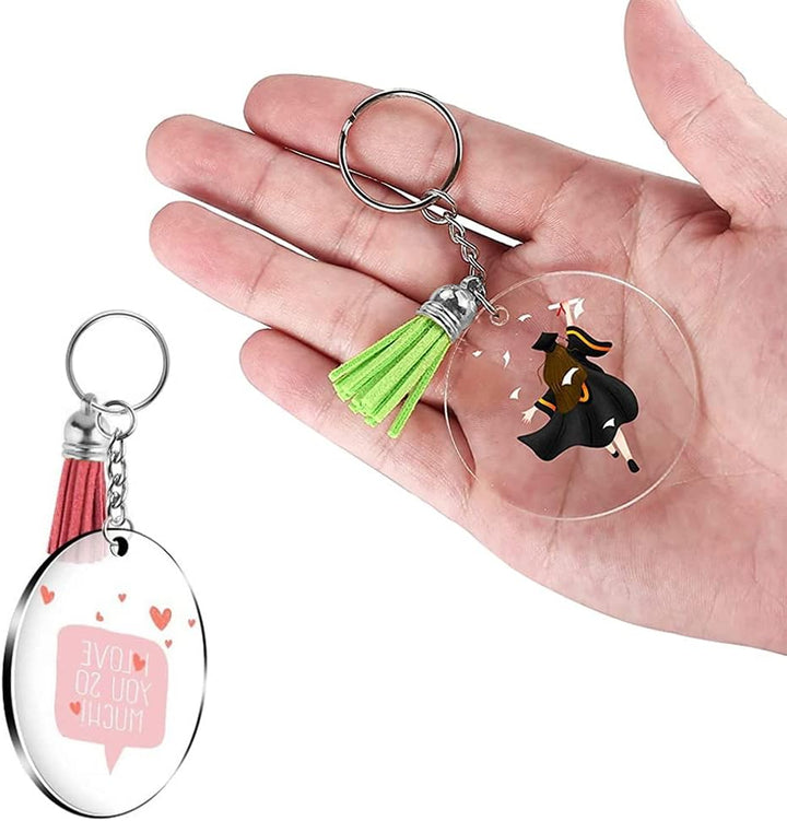 200 Stück Acryl-Schlüsselanhänger-Rohlinge, Quasten-Set, inklusive Schlüsselringen mit Kette und Bie