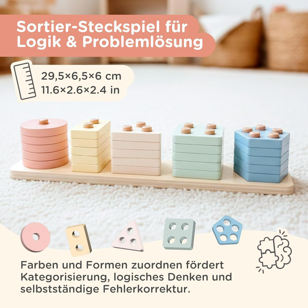 Nene Toys Montessori Holzspielzeug ab 1 Jahr – FSC 3-in-1 Regenbogen, Stapelturm &amp; Sortier-Steckspie