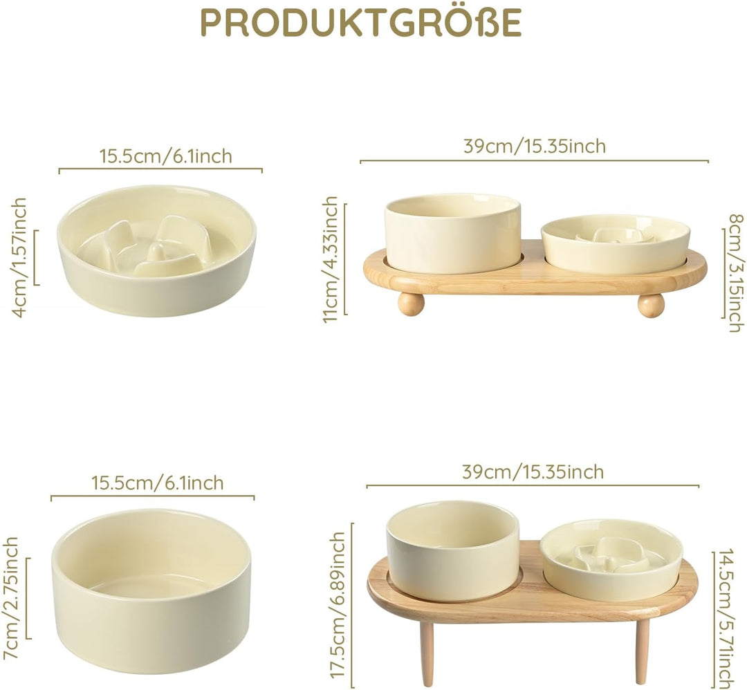 SPUNKYJUNKY Keramik Hundenapf Set Anti Schling Napf mit Bambus Ständer für Katzen und Hunde (Beige)