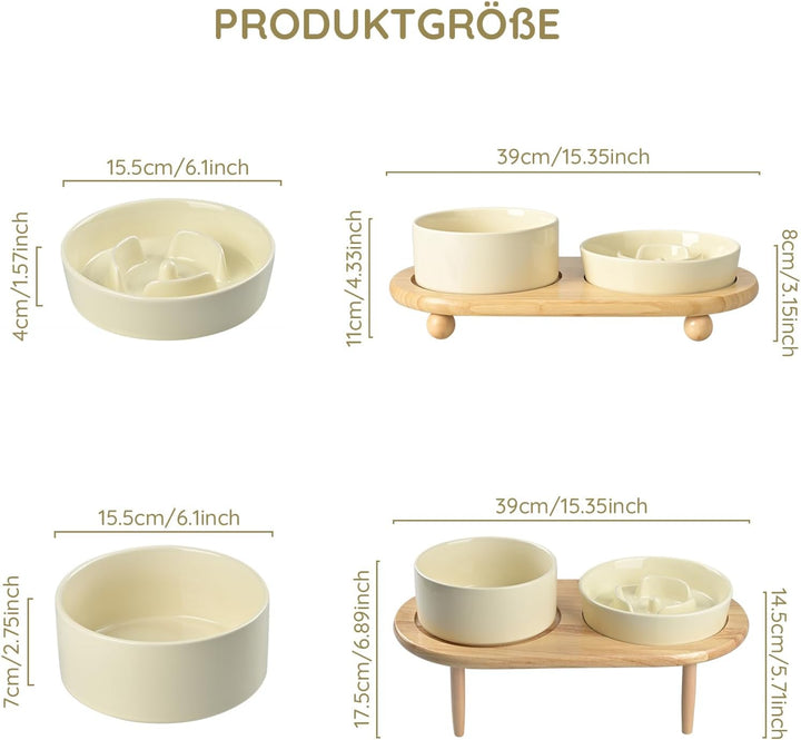 SPUNKYJUNKY Keramik Hundenapf Set Anti Schling Napf mit Bambus Ständer für Katzen und Hunde (Beige)