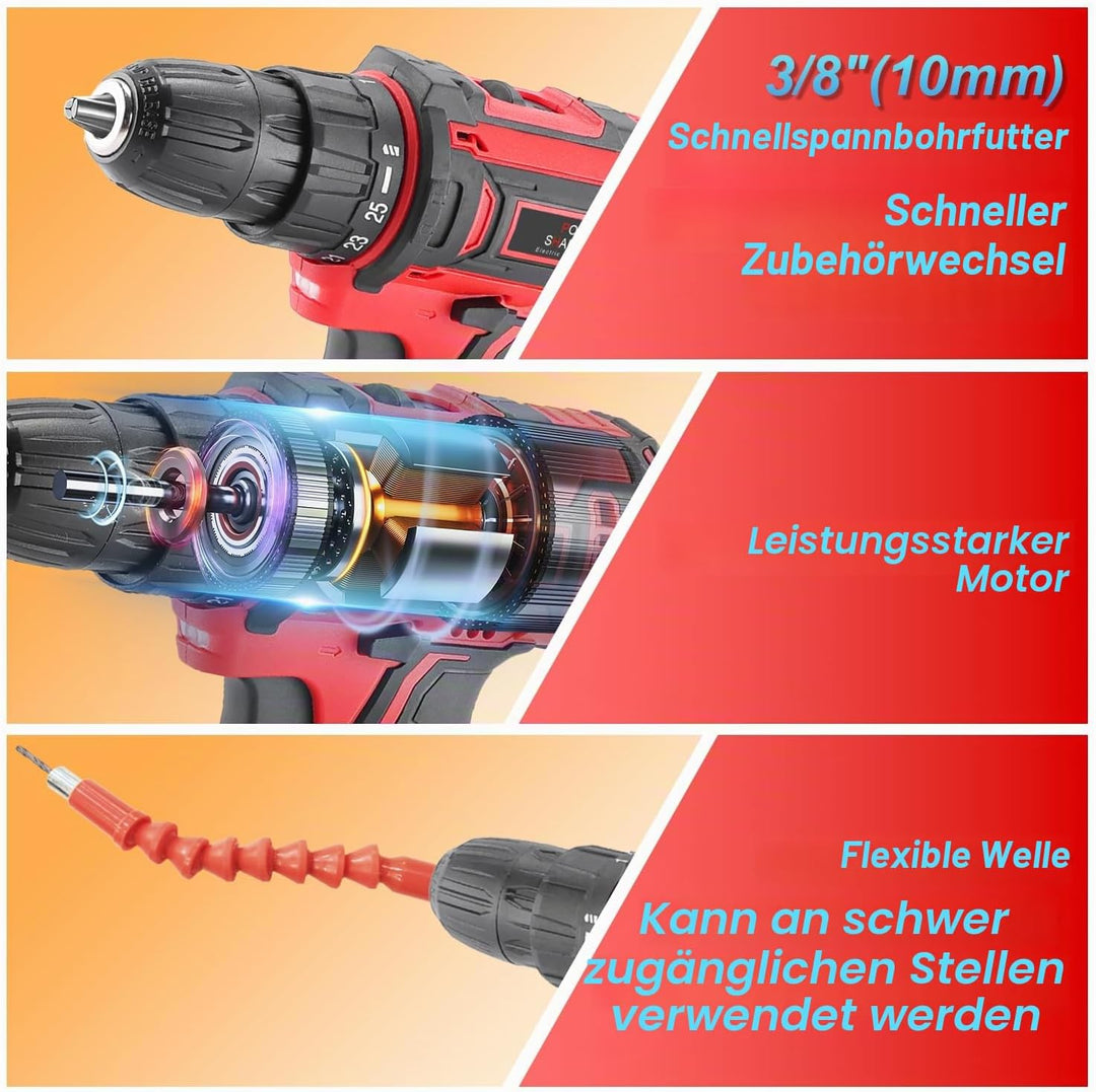 VANBAR Akkuschrauber, Drehmoment auf 25+3 Stufen Bohrmaschine Schrauber Set, 21V, 45Nm max, Schlagbo