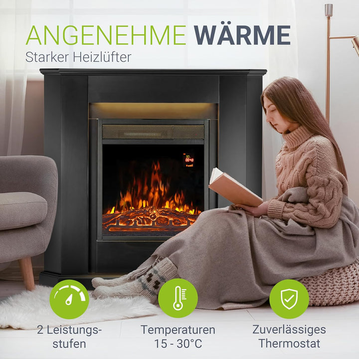 Juskys Elektrokamin 1000 / 2000 W mit Heizung, Kaminfeuer, Flammeneffekt, Fernbedienung, LED Beleuch