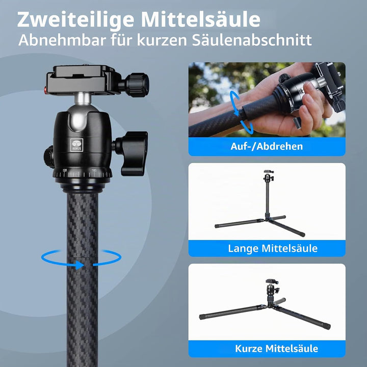 SIRUI Carbon Kamera Stativ mit B-00K Kugelkopf, 151,9 cm kompaktes,Schnellverschluss-Bein,wendbare M