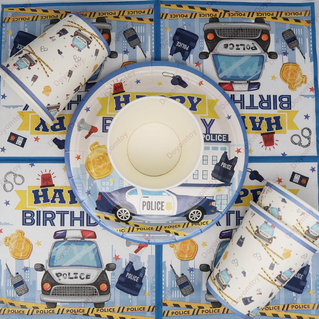 Doyomtoy Polizei Polizeiwagen Partygeschirr,60 Stück Polizisten und Auto-Thema Party Supplies,Geburt