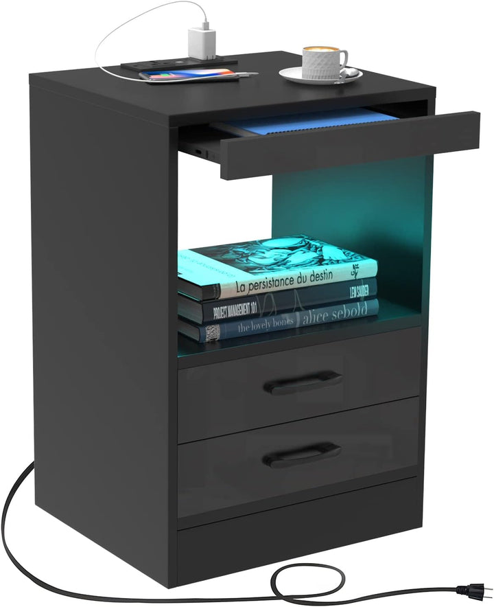 Lvhecforhm Nachttisch, Nachttisch mit Steckdosen und USB-Anschlüsse, Nachttisch mit LED Licht 16Farb