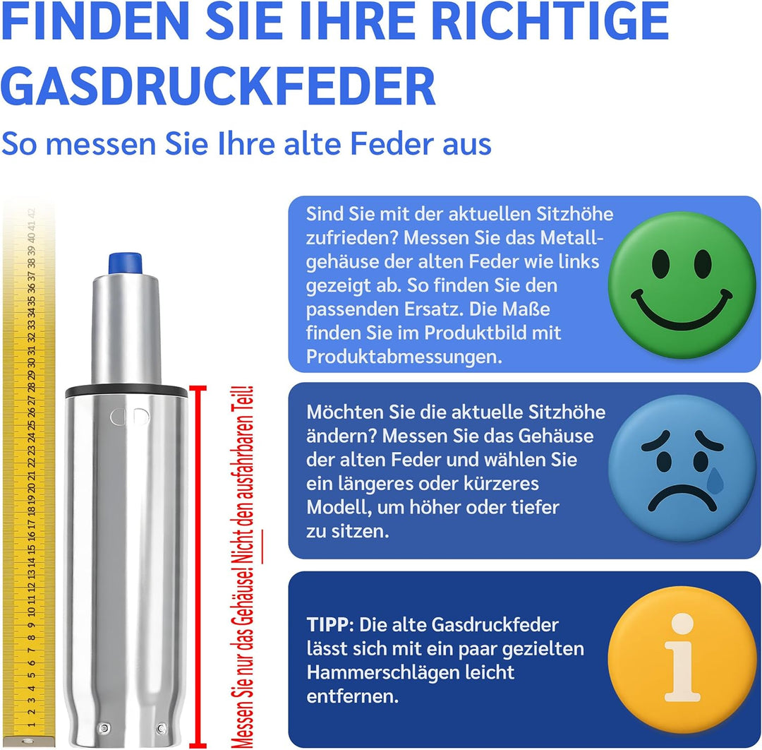 Bemacom Gasdruckfeder für Bürostuhl bis 200kg Belastbarkeit, Länge 430mm Chrom Ersatz Gasdruckfeder