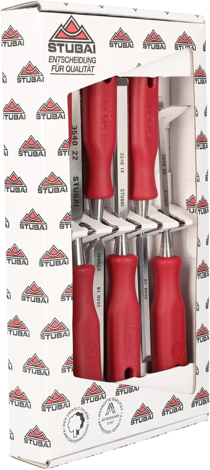 STUBAI 3540 Stemmeisensatz Stechbeitel Set mit rotem Plastikgriff &amp; extra langer Klinge, 4-teilig (1