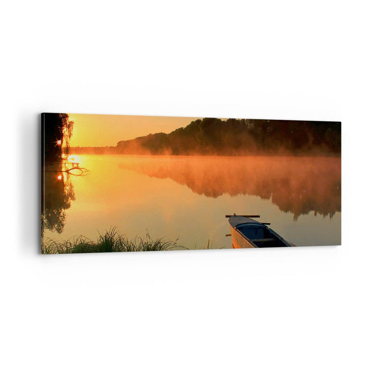 Panorama Bilder auf Leinwand 100x40cm Leinwandbild Morgen Nebel See Landschaft Gross Wanddeko Bild S