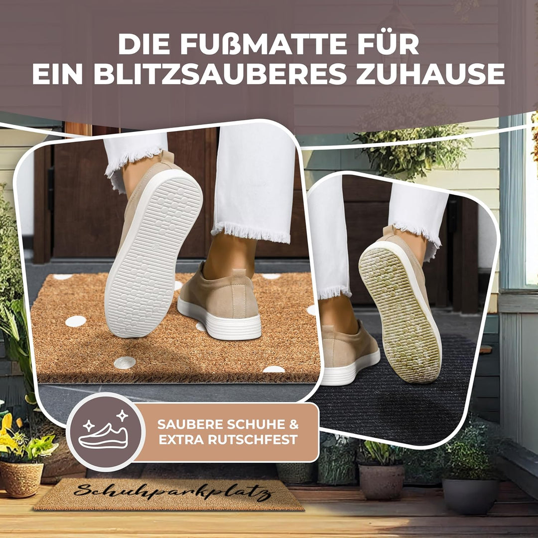 Kokos Fussmatte 75x25cm Punkte in weiss I Extra langlebige & rutschfeste Kokosmatte I Für Innen & Üb