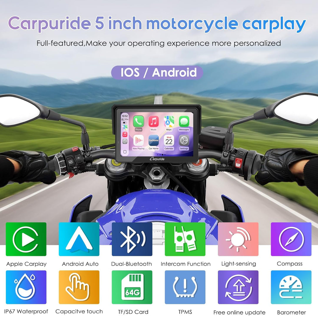 Carpuride W502TPRO Motorrad CarPlay, Android Auto, TPMS und Dual-Bluetooth – 5-Zoll-Display, wasserd