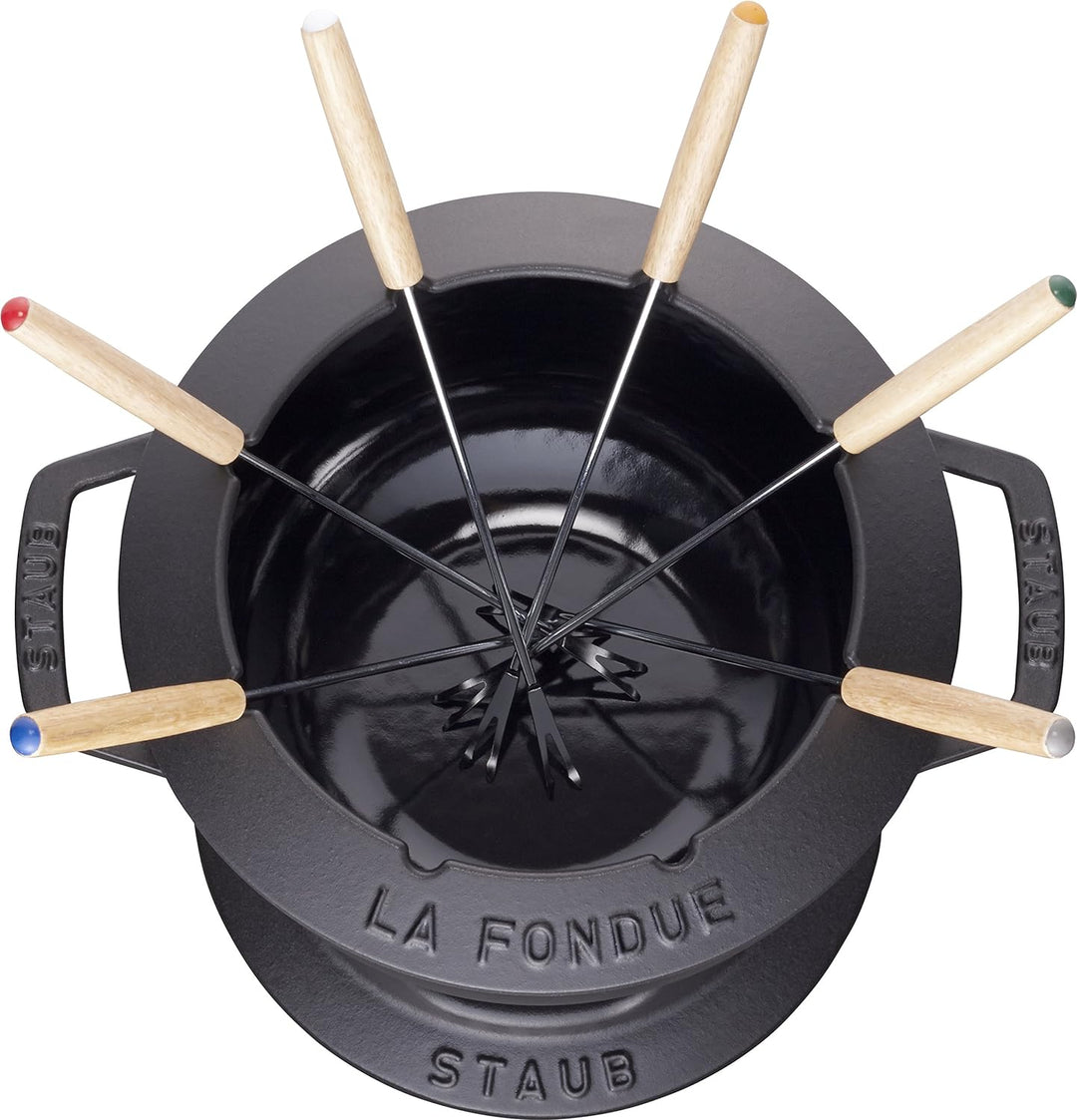 STAUB Fondue Set mit 6 Gabeln, Geeignet für Käse- Schoko- und Fleisch-Fondue, Gusseisen, 20 cm, Schw