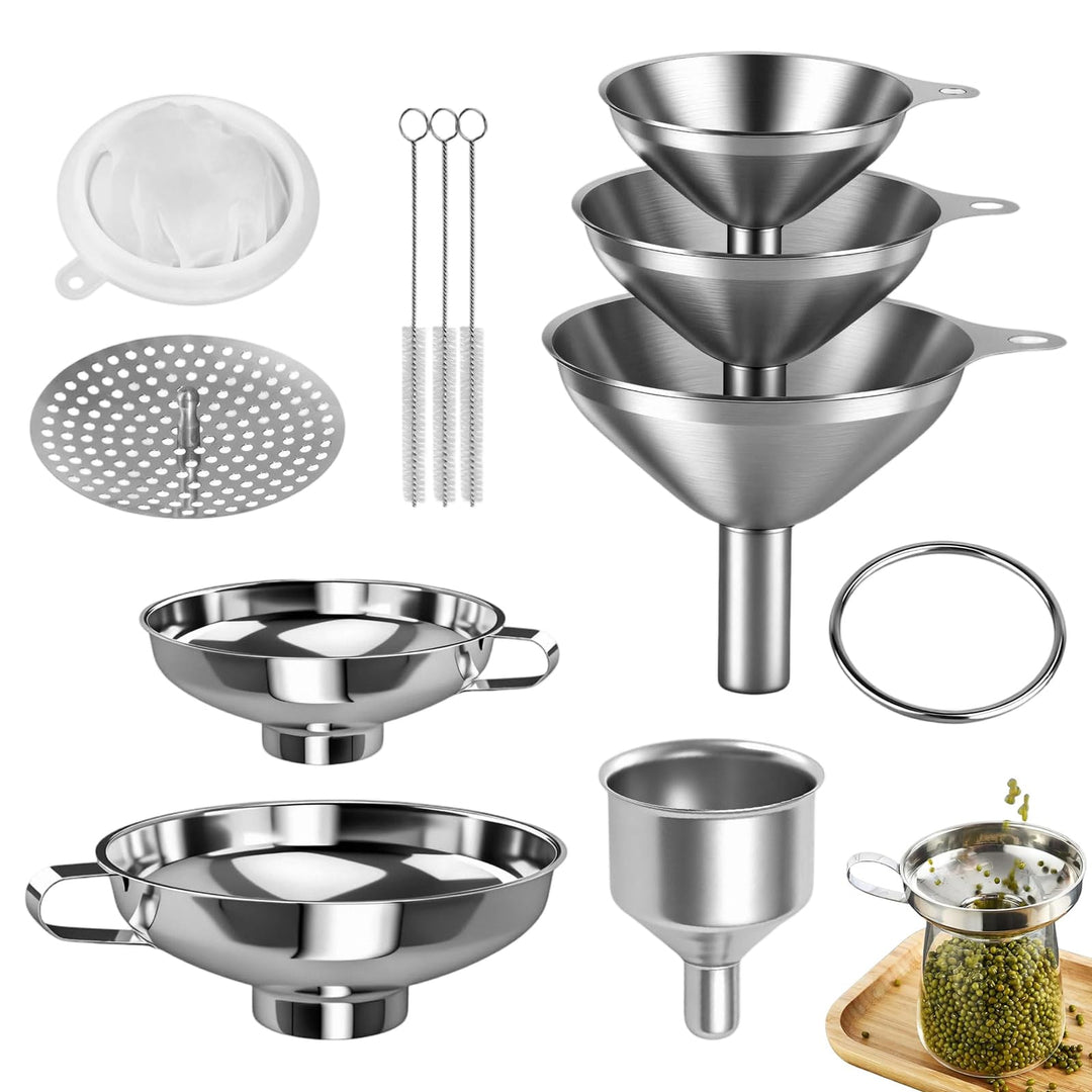 11 Stück Trichter Edelstahl Set für die Küche, mit Feinsieb und Reinigungsbürste Klein Trichter Küch