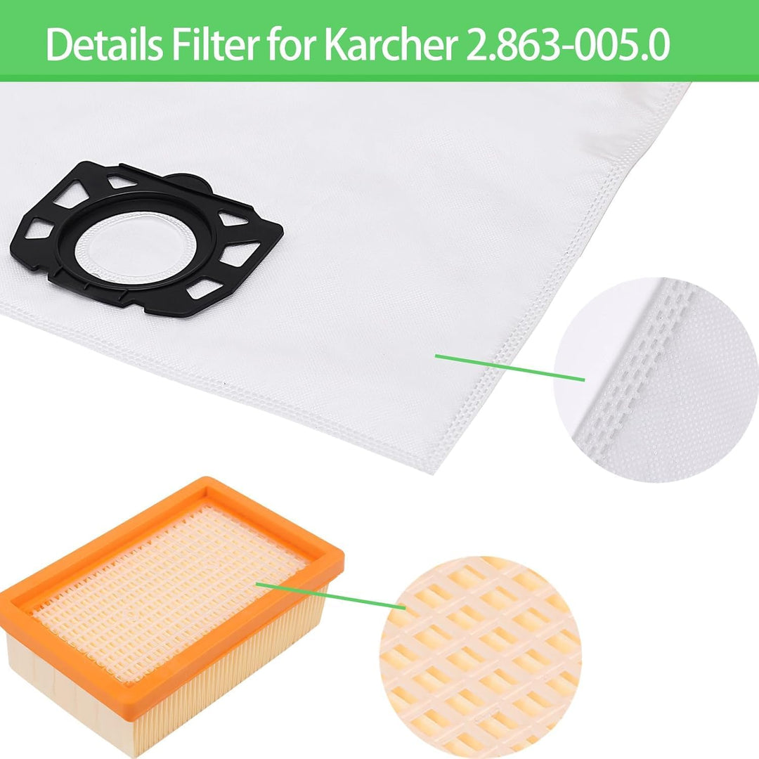 10 Staubsaugerbeutel + 2 Filter für Kärcher 2.863-006.0 KFI 487 WD4 WD5 WD6 WD5P WD6P Premium MV4 MV