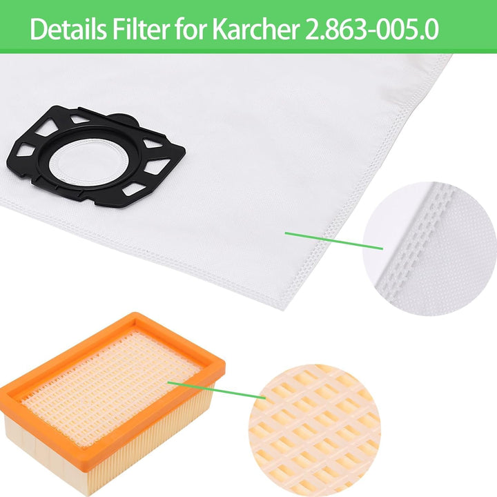 10 Staubsaugerbeutel + 2 Filter für Kärcher 2.863-006.0 KFI 487 WD4 WD5 WD6 WD5P WD6P Premium MV4 MV