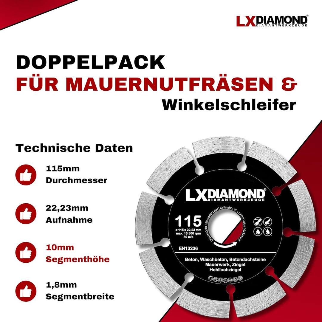 Diamant-Trennscheibe 2x 115mm x 22,23mm - für Winkelschleifer Mauernutfräse Schlitzfräse - Diamantsc
