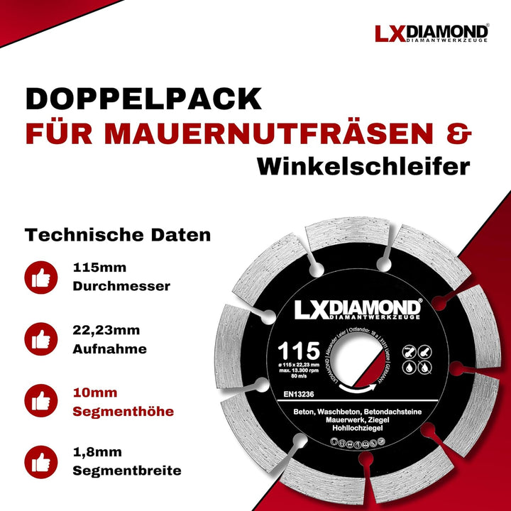 Diamant-Trennscheibe 2x 115mm x 22,23mm - für Winkelschleifer Mauernutfräse Schlitzfräse - Diamantsc