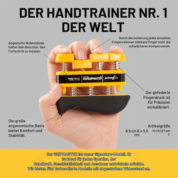PROHANDS Gripmaster Handtrainer, Fingertrainer (Handgriffstärker), federbelastet, Finger-Kolben-Syst
