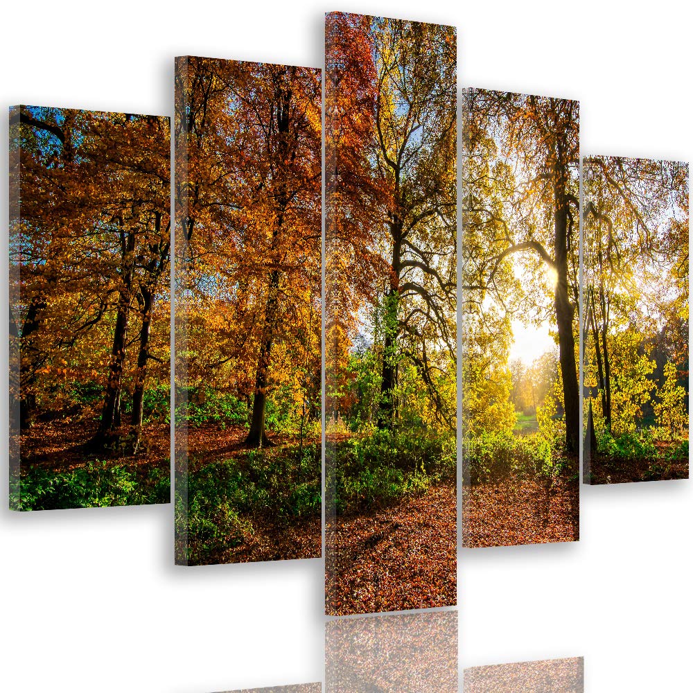 Wanddeko XXL Landschaft Leinwandbild 5 Teilig Herbst Blätter Bäume bunt 100x70 cm Leinwandbild 100x7