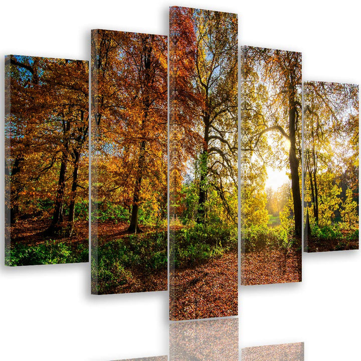 Wanddeko XXL Landschaft Leinwandbild 5 Teilig Herbst Blätter Bäume bunt 100x70 cm Leinwandbild 100x7
