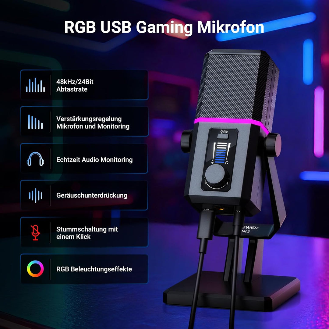 NEEWER RGB USB Mikrofon für Gaming Streaming Podcasts, Nierencharakteristik Kondensator Microphone m
