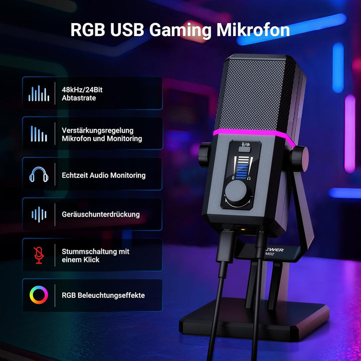 NEEWER RGB USB Mikrofon für Gaming Streaming Podcasts, Nierencharakteristik Kondensator Microphone m