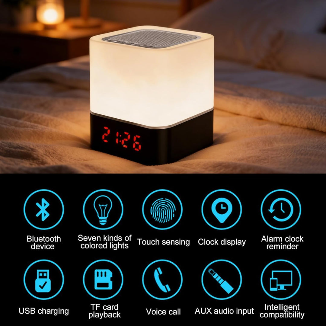 Bluetooth Lautsprecher Wecker: Bluetooth Lautsprecher mit Uhr, Wecker und LED Nachttischlampe, Touch