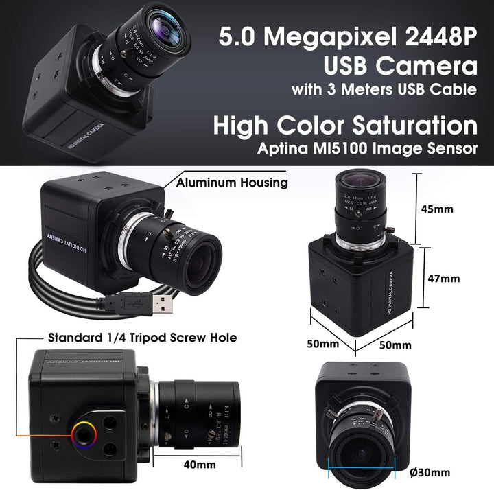 Svpro USB Kamera mit Zoom 2.8-12mm Varifokalobjektiv, 5MP Manueller Fokus HD USB Webcam Mini Kamera