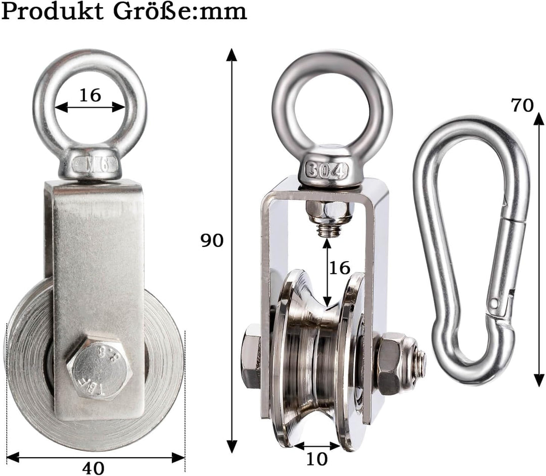 40mm Umlenkrolle mit 2 Kugellager, Fitness flaschenzug mit Clip，Umlenkrollen für 8mm Seile Stahlseil