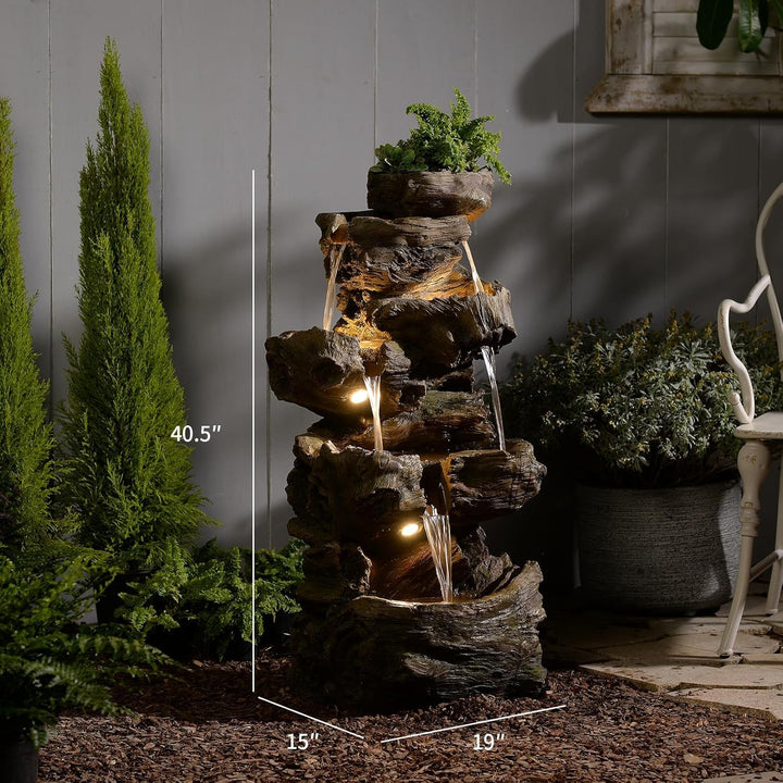 Sunlinua 103 cm H 4-stufiger Gartenbrunnen im Felsen-Look mit LED, Wasserfall und Springbrunnen für