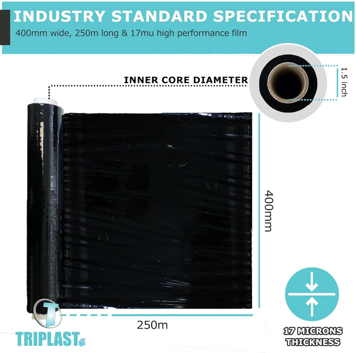 triplast 400 mm x 250 m Schrumpffolie für Paletten – Schwarz (6 Stück)
