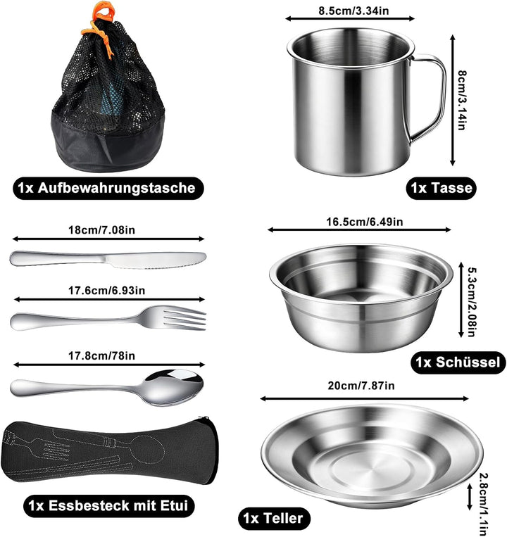 Campingbesteck Set 1 Person, Camping Geschirr Set Edelstahl mit Schalen Teller Tassen Gabeln Löffel