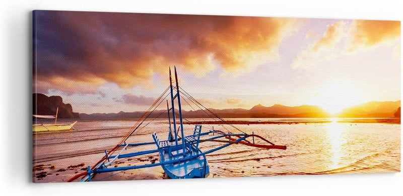 Wandbilder Dekoration Wohnzimmer Ufer Boot Strand Panorama Bilder auf Leinwand 120x50cm Leinwandbild