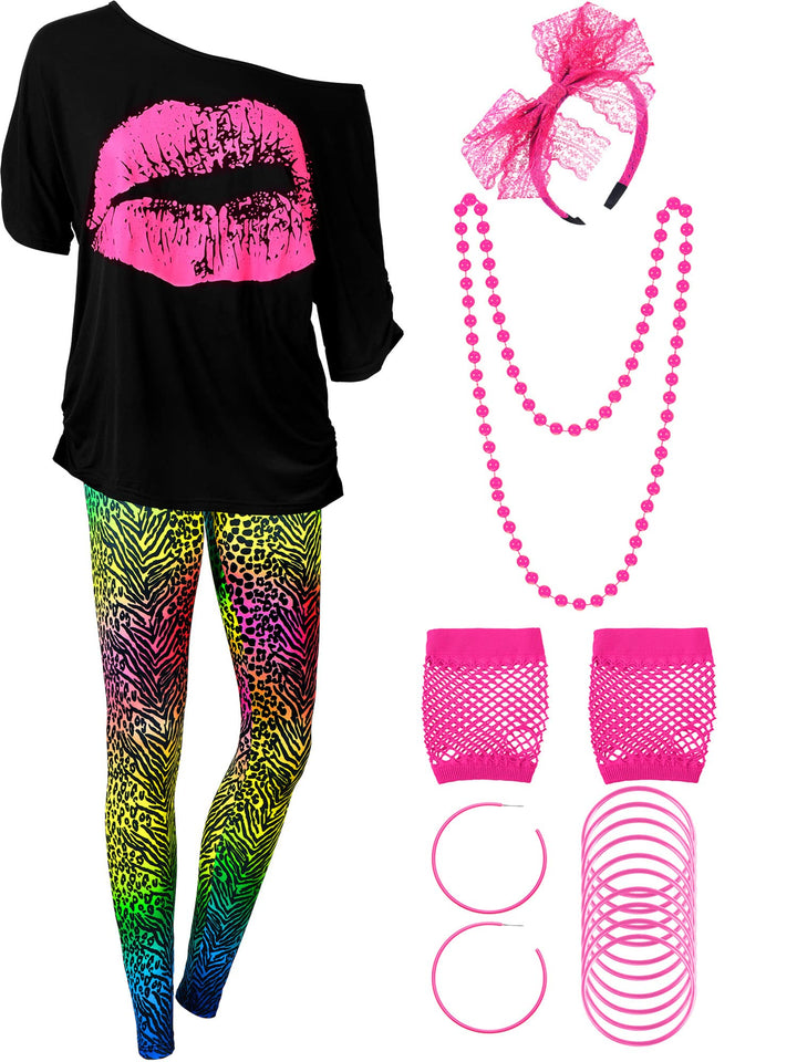 Blulu 80er Jahre Damen Kostüm Set, T Shirt, Legging Hose Ohrring Halskette Handschuhe Armband XL Far