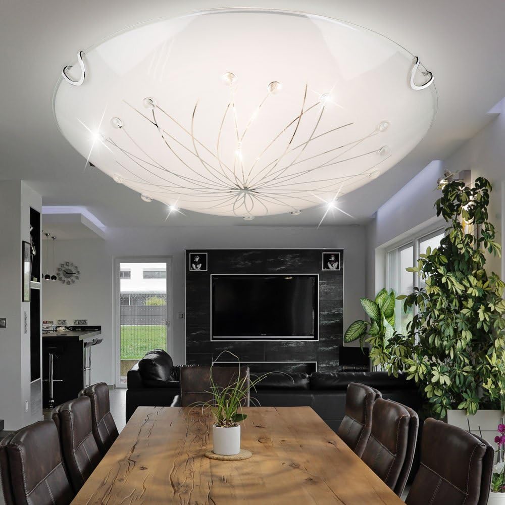 Design Decken Leuchte Glas satiniert Dekor Linien Steine klar Lampe Chrom Globo 40402-2
