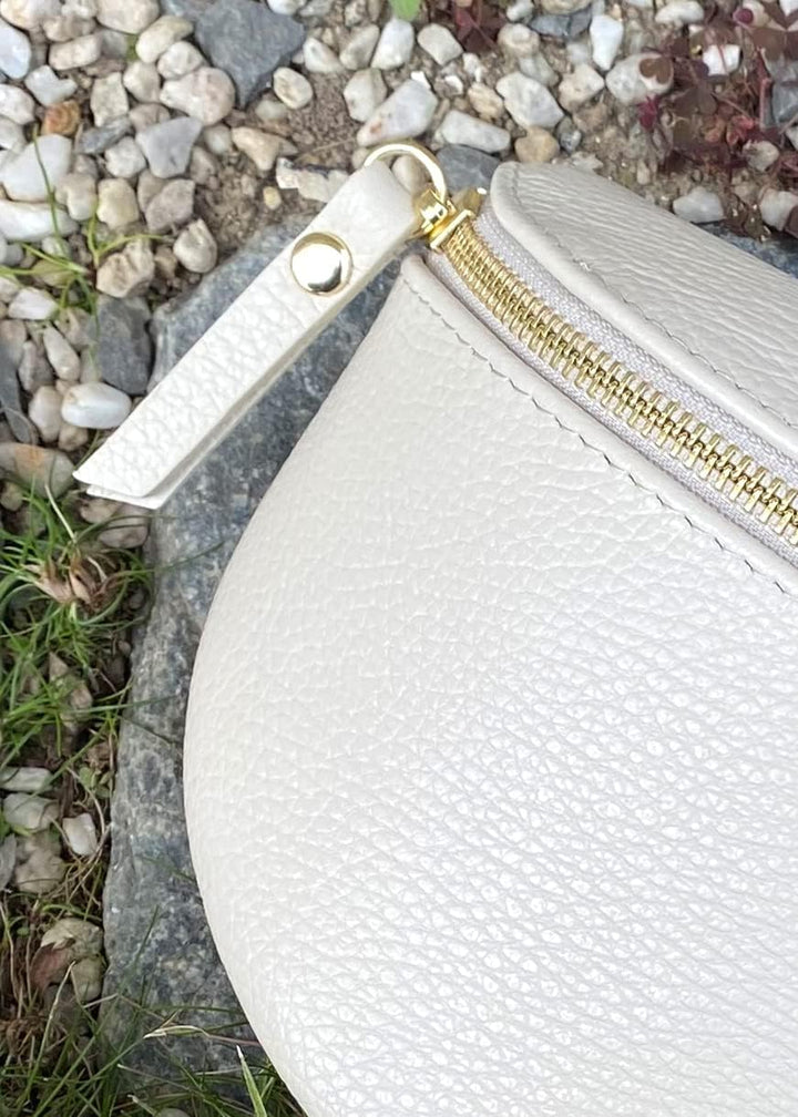 Bauchtasche mit breitem Gurt Damen beige Gold, Leder Crossbody Bag mit breitem Taschengurt, Gürtelta