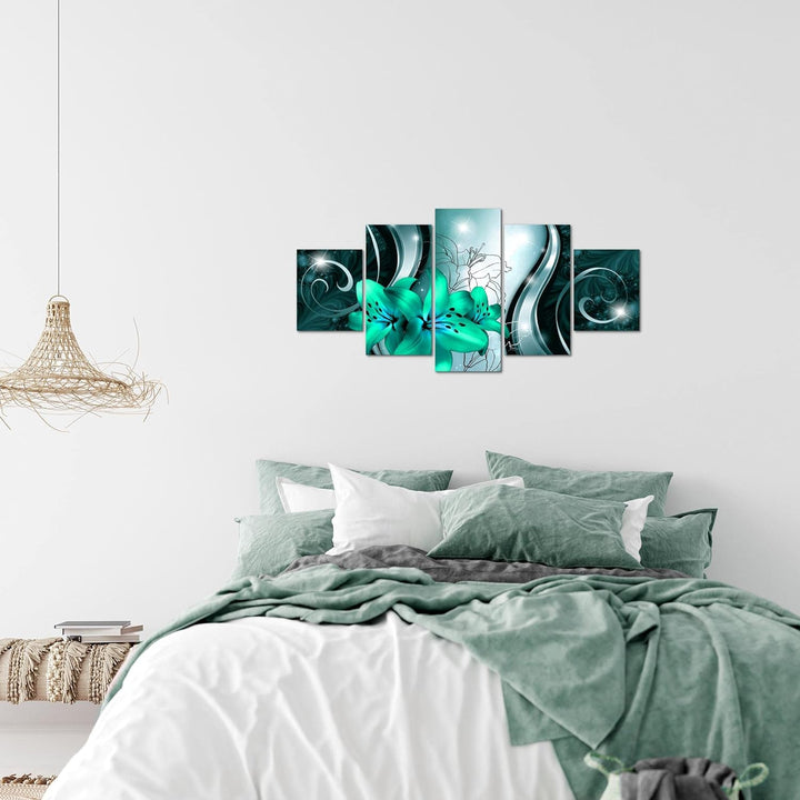Runa Art Wandbilder Blumen Lilien 5 Teilig Bild auf Vlies Leinwand Deko Wohnzimmer Abstrakt Grün Sch