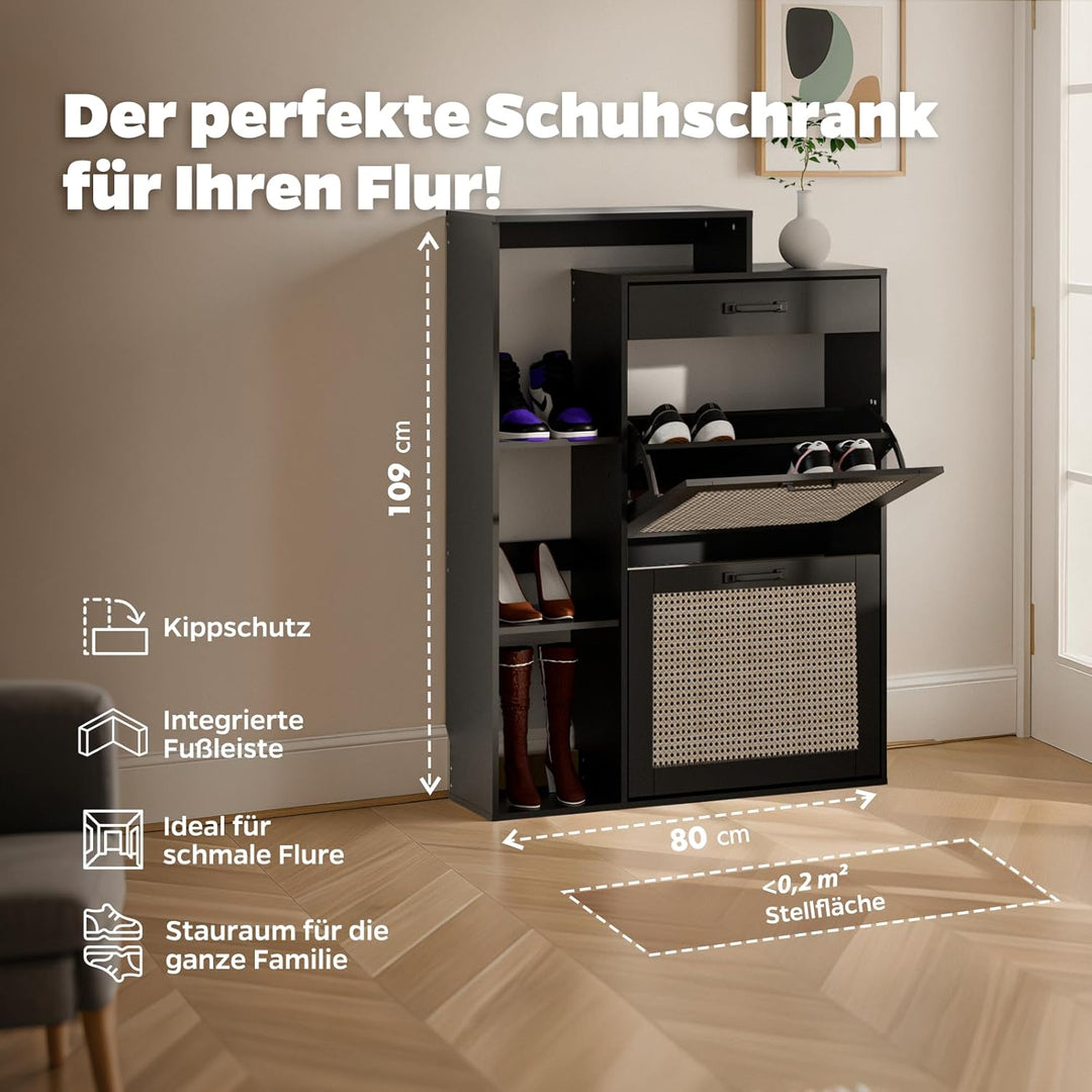 Schuhschrank schmal schwarz mit Schublade & Rattan-Dekor – eleganter Schuhkipper schwarz für Flur &