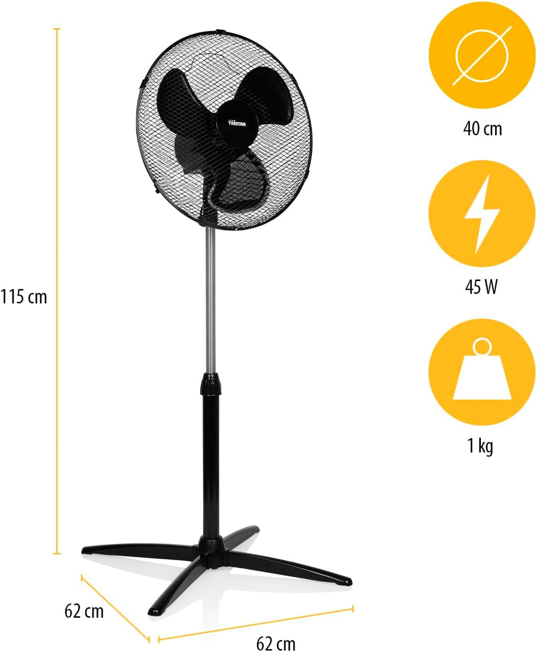 Tristar VE-5756 Standventilator – 45 W – 40 cm Ø – 115 cm Höhenverstellbarer – 3 Geschwindigkeitsstu
