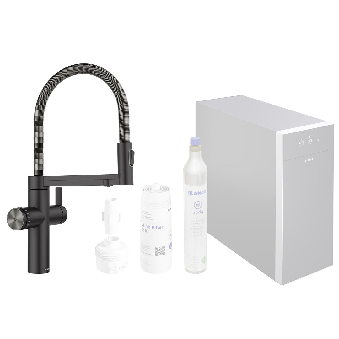 BLANCO CHOICE Icona | Küchenarmatur aus Edelstahl schwarz matt | all-in-one Armatur | Gekühltes Wass
